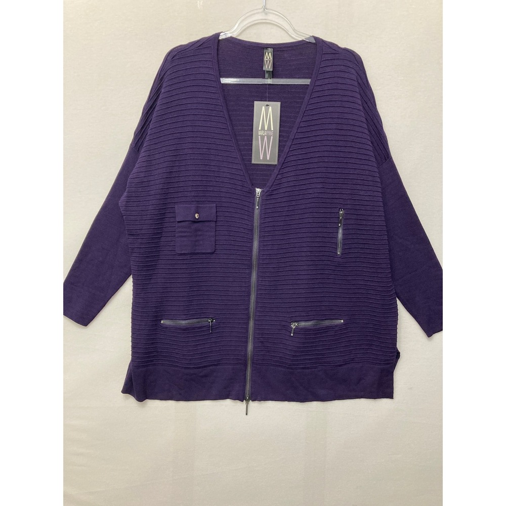 New MarlaWynne Cardigan Sweater 1X Purple Ribbed Zip Front Oversized Cozy